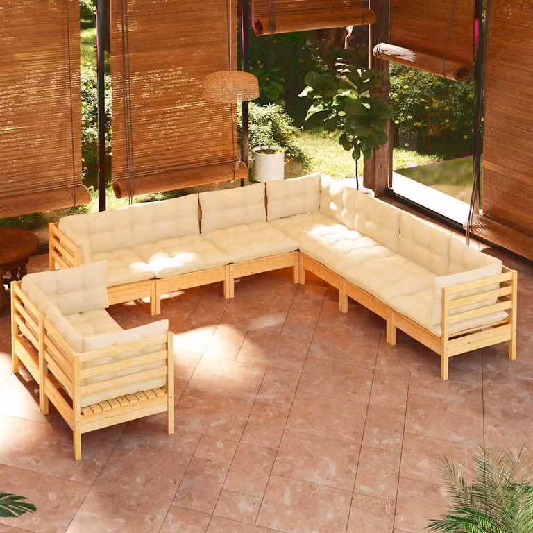 vidaXL Set di Divani da Giardino 9 pz in Legno Massello di Pino con Cuscini Beige