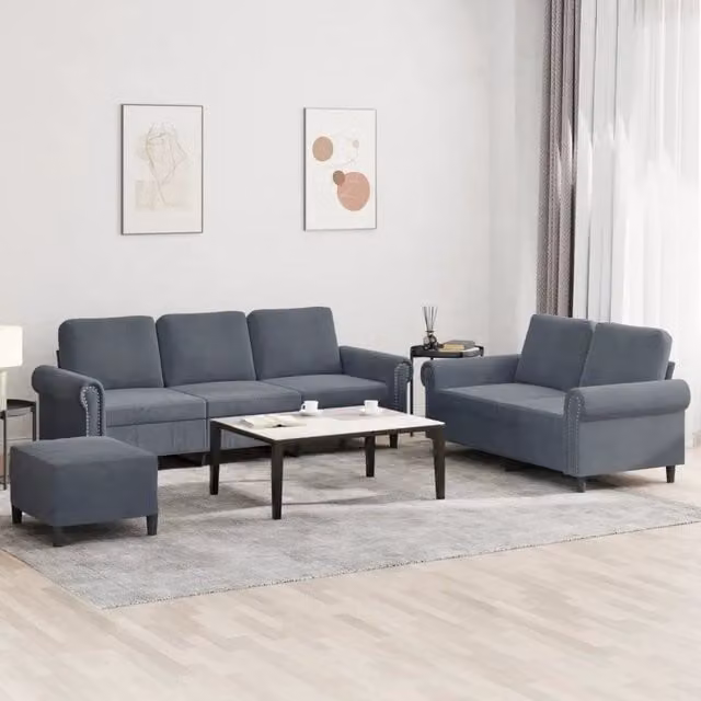 Set di divani moderno vidaXL in velluto grigio composto da divano a 3 posti, divano a 2 posti e pouf con cuscini inclusi