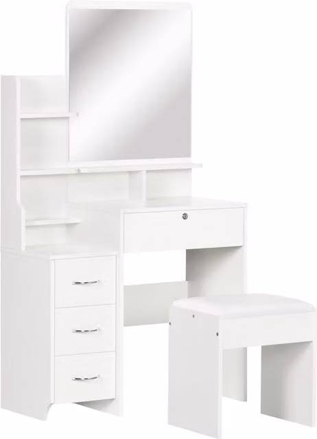 Set da Trucco HOMCOM Bianco con Specchio, Tavolo con Sgabello, 4 Cassetti e 4 Ripiani – 1