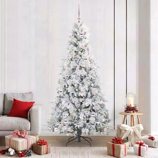 Albero di Natale Artificiale Moderno vidaXL Bianco con Luci LED Warm White e Rami Pieghevoli in PVC, Altezza: 210 cm