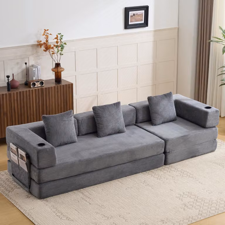 Divano a pavimento, divano componibile, trasformabile, con cuscini, braccioli, portabicchieri, tasche laterali, rivestito in tessuto corduroy, ideale per soggiorno/camera da letto. L3