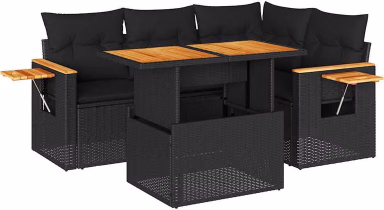 Set Divani da Giardino 5 pz con Cuscini Nero Polyrattan Acacia