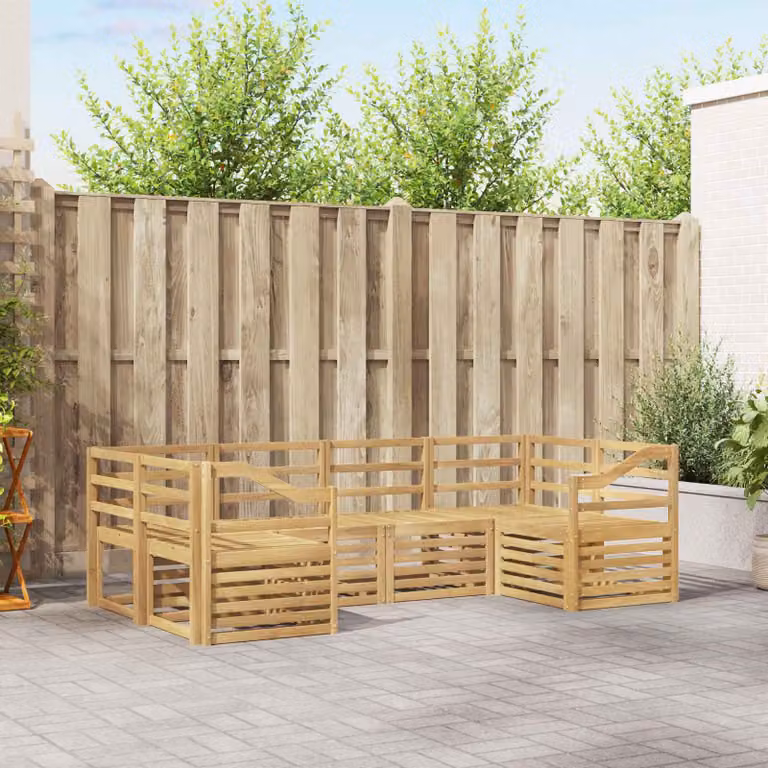 Set di divani da esterno vidaXL in legno di acacia massello con cuscini bianchi e marroni, design moderno a forma di L per giardino e terrazza, 6 pezzi
