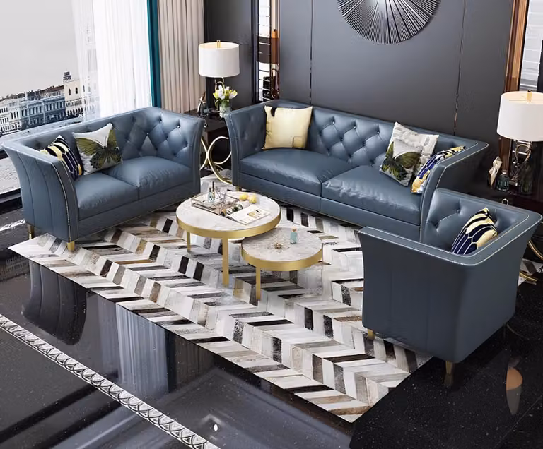 Dreisitzer Couch Polster Design Sofa 3er Sitz Sofas Zimmer Blau Chesterfield
