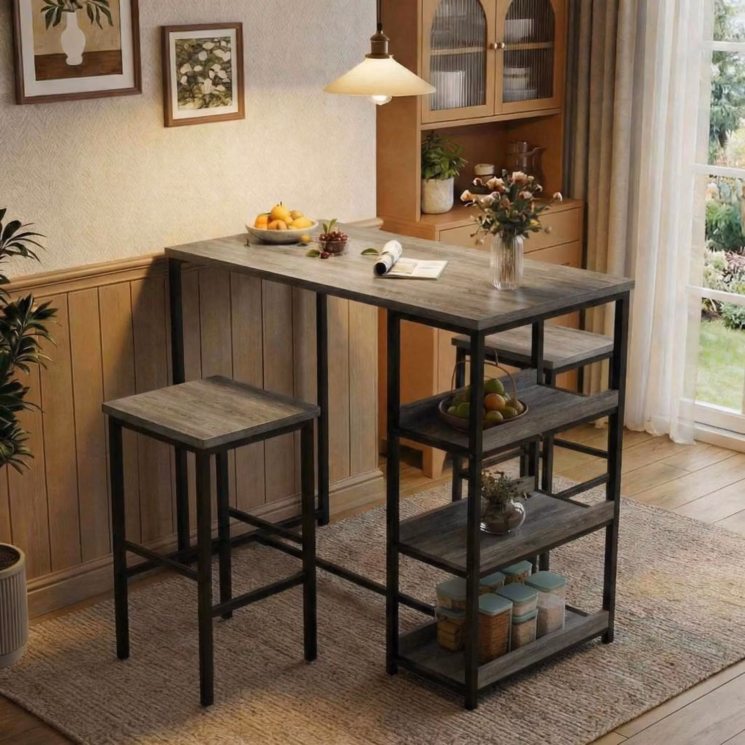 Set da bar da 3 pezzi per 2 persone, composto da un tavolo da bar, 2 sgabelli e 2 ripiani, colore grigio