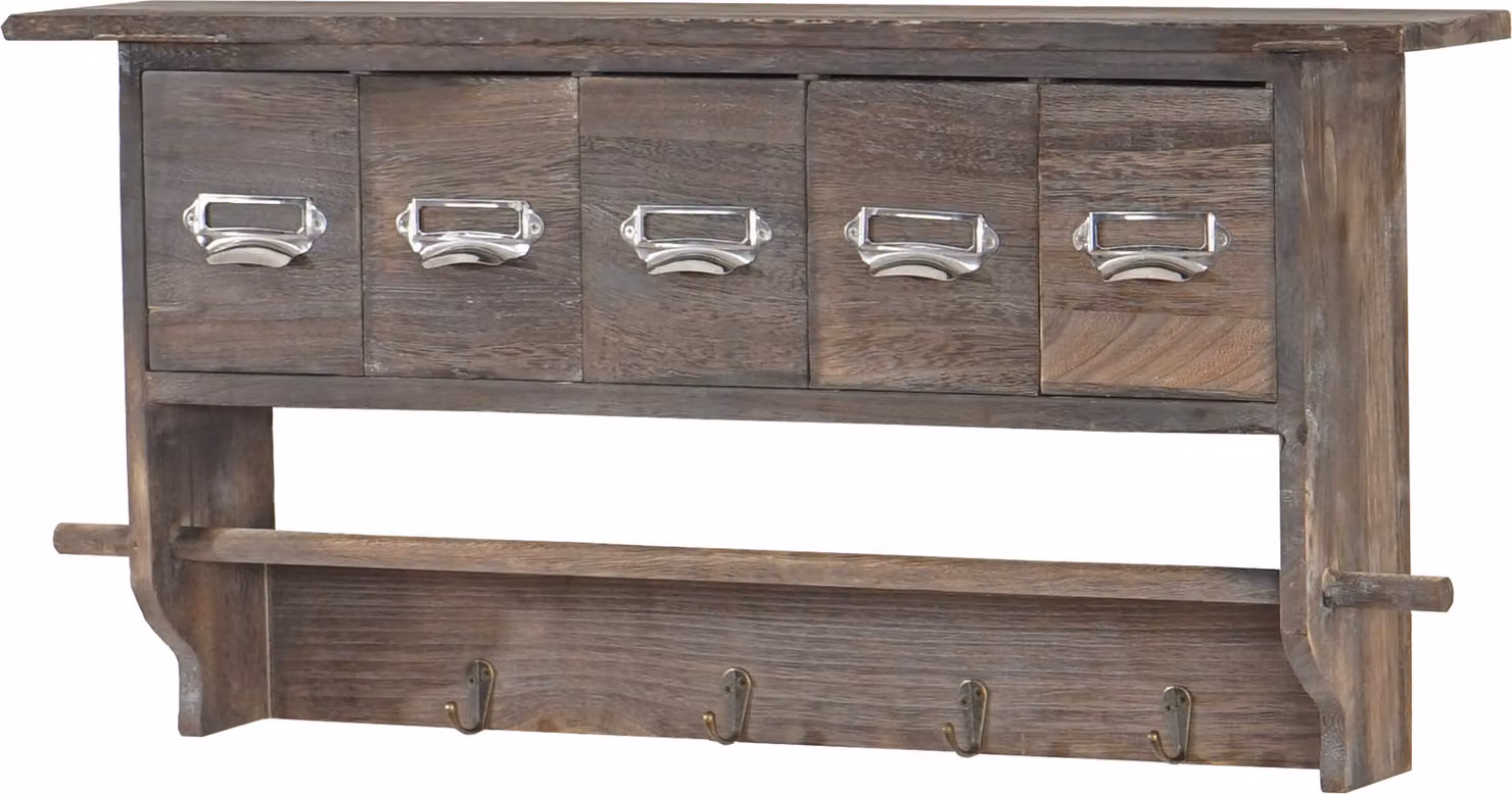 Appendiabiti HWC-C49, appendiabiti da parete, vintage con 5 cassetti 32x65x13cm ~ marrone