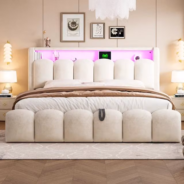 Letto matrimoniale imbottito 180 × 200 cm con contenitore idraulico in velluto beige con LED e porte USB Type-C