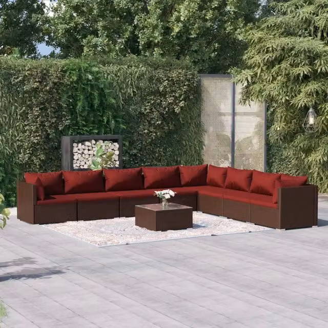 Set di Divani da Giardino vidaXL 9 Pezzi con Tavolino e Cuscini in Polyrattan Marrone e Rosso – 1