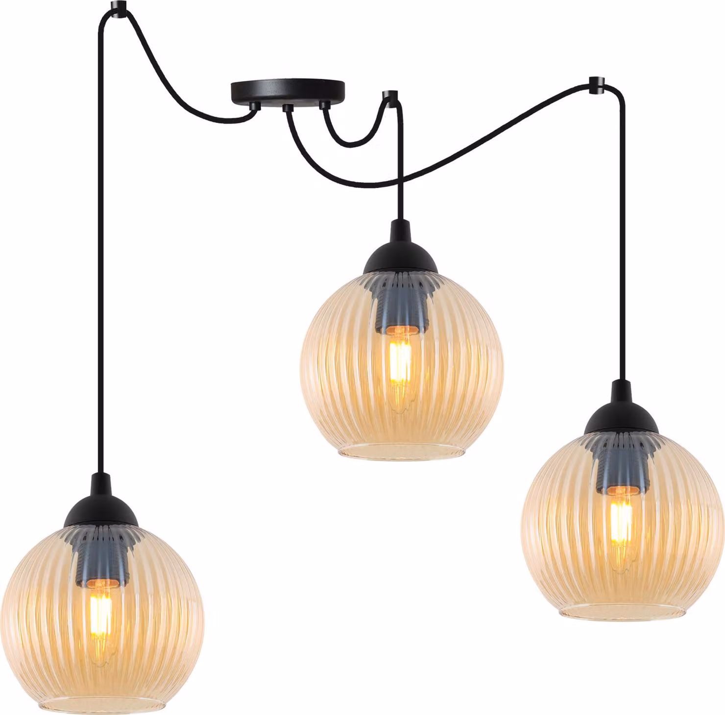 Lampada a sospensione RIFFLE spider nero 3 luci vetro ambra E27
