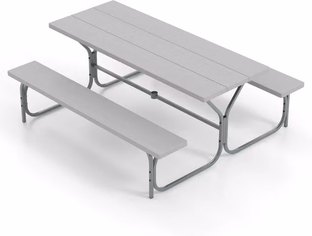 Tavolo da picnic Design Mania con 2 panche, piano in HDPE con foro per ombrellone e telaio in metallo, Grigio