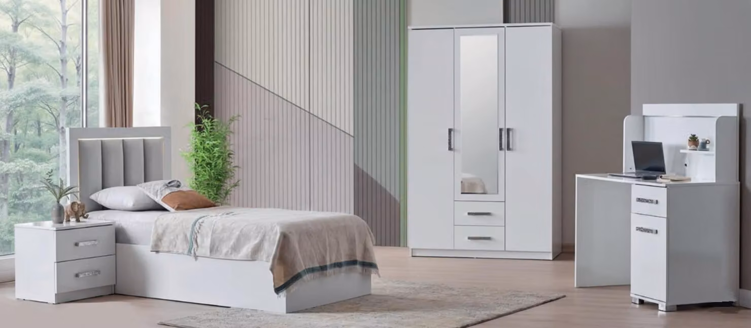 Elegante set di mobili per camera da letto per adolescenti, composto da letto, armadio e scrivania