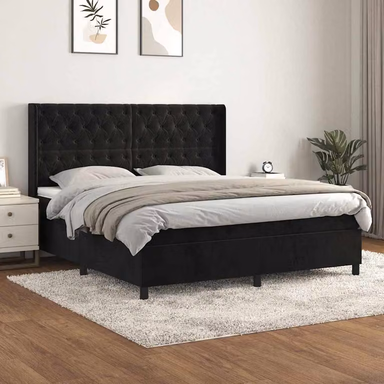 vidaXL Giroletto a Molle con Materasso in Velluto Nero L/P: 160 x 200 cm