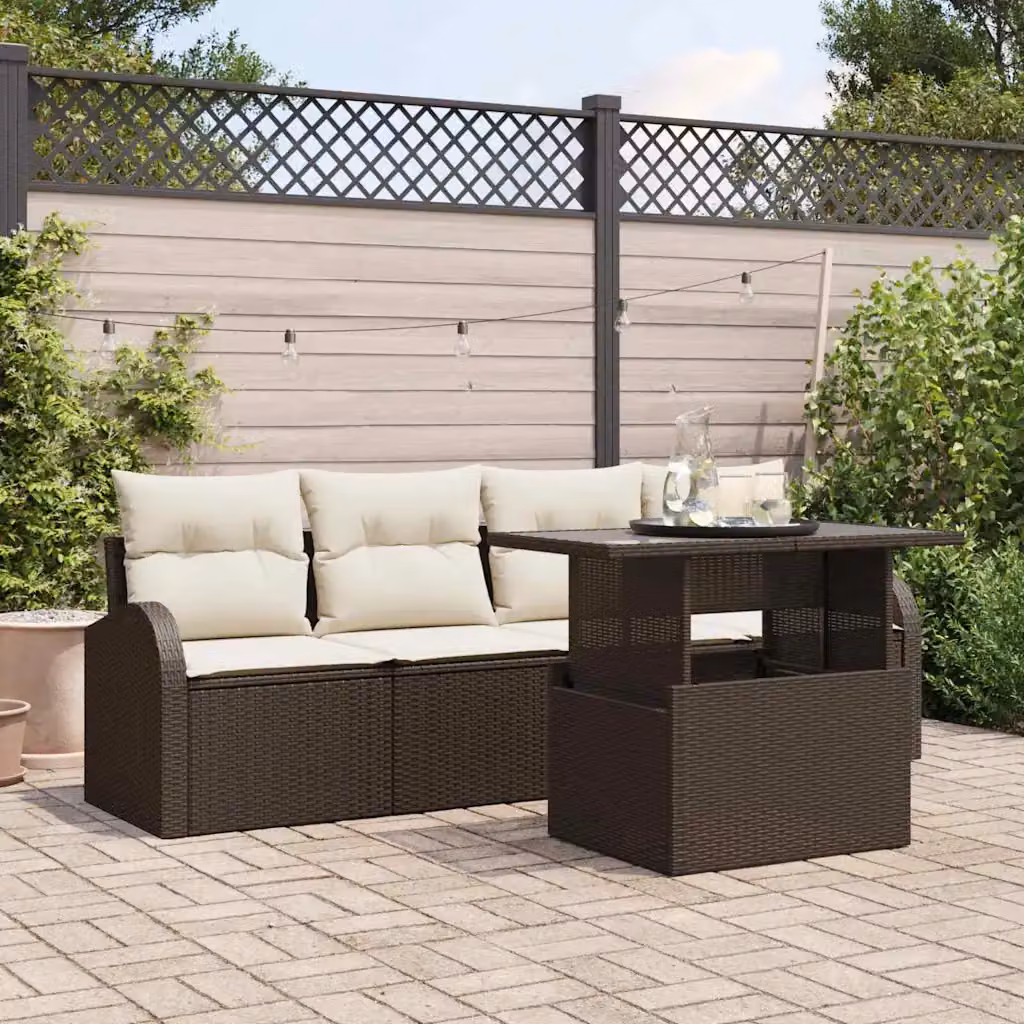 vidaXL Set Divano da Giardino 5 Pezzi Moderno con Tavolino e Cuscini Marrone e Bianco – 1