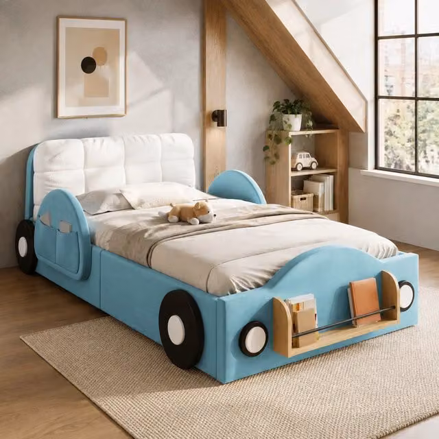 Letto singolo imbottito 90 × 200 cm con vano idraulico, tasche laterali e portlibri, senza materasso, in velluto blu