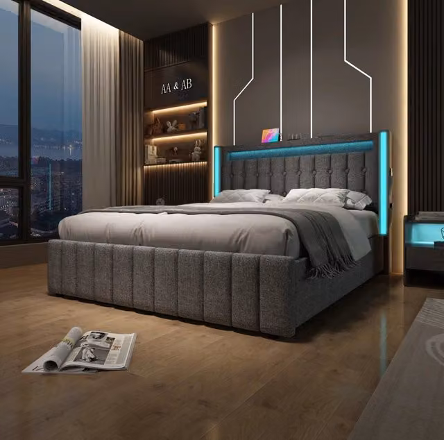 Letto matrimoniale 160x200 cm con LED; USB C e 4 cassetti; rivestimento in lino grigio