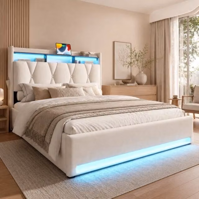 Letto contenitore matrimoniale in velluto beige con LED, porte USB e Type-C, L/P: 160 x 200 cm