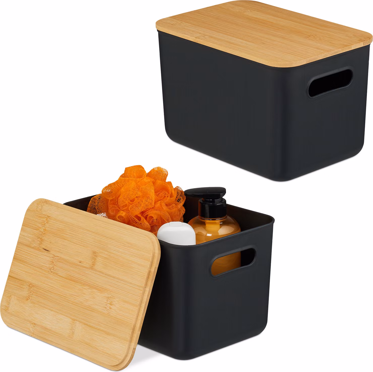Contenitore Relaxdays, set da 2, coperchio, plastica, bambù, manico, dimensioni: 16 x 26 x 17,5 cm, organizer, nero/naturale