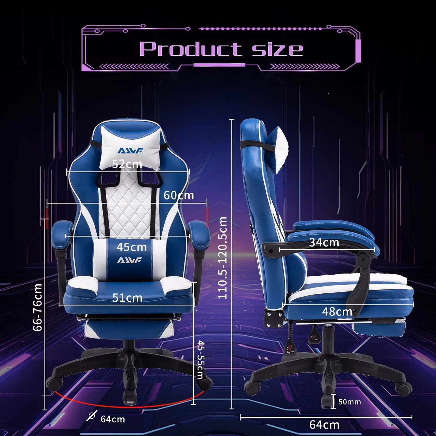 Sedia da gaming - Sedia da ufficio - Sedia per giocatori - Sedia per computer - Colore: blu e nero - Ergonomica, con supporto lombare