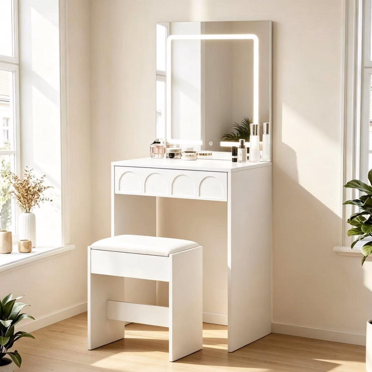 Comò da trucco con illuminazione e sgabello, larghezza 60 cm, colore bianco