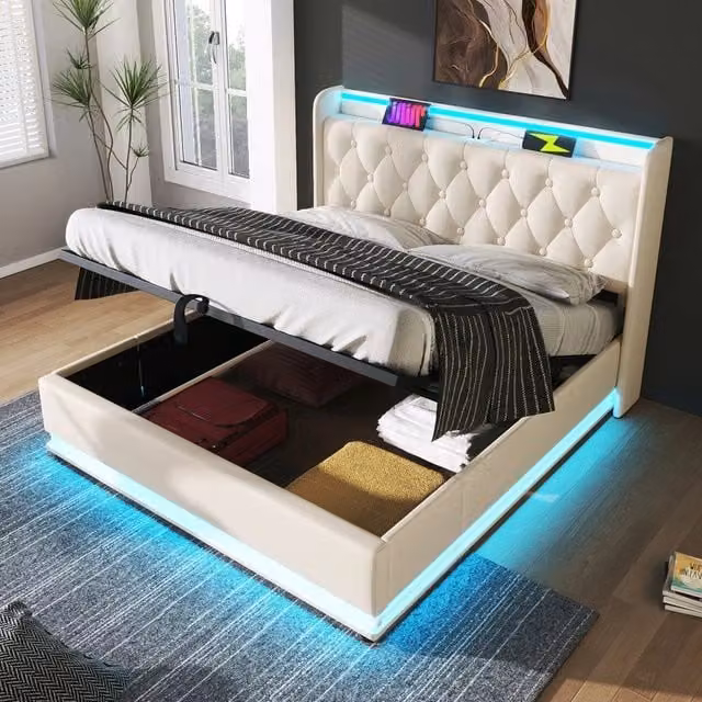 Letto Matrimoniale Imbottito con LED e Contenitore Idraulico ¨C MINIMAL ¨C Bianco, 140x200
