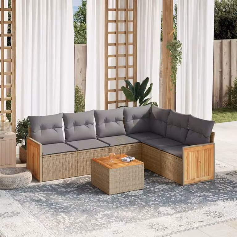 Set di divani da giardino vidaXL a forma di L composto da 7 pezzi in polyrattan con cuscini beige e tavolino da esterno