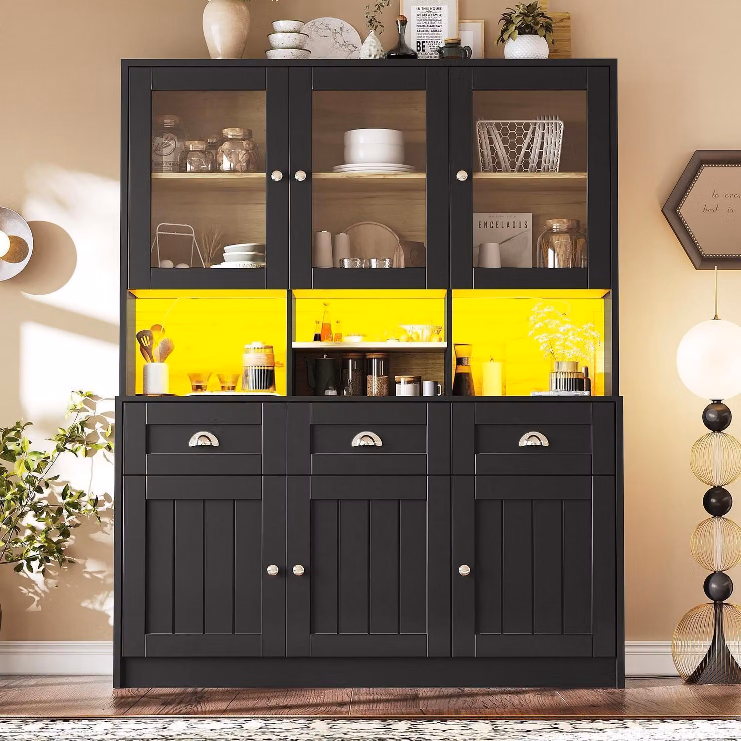 Armadio alto da cucina con illuminazione a LED, dimensioni 140x40x175 cm, colore nero