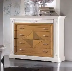 Comò Shabby Chic KIVIO modello Charlotte in legno di frassino bianco opaco e naturale L: 116,0 cm, H: 134,5 cm, P: 57,5 cm