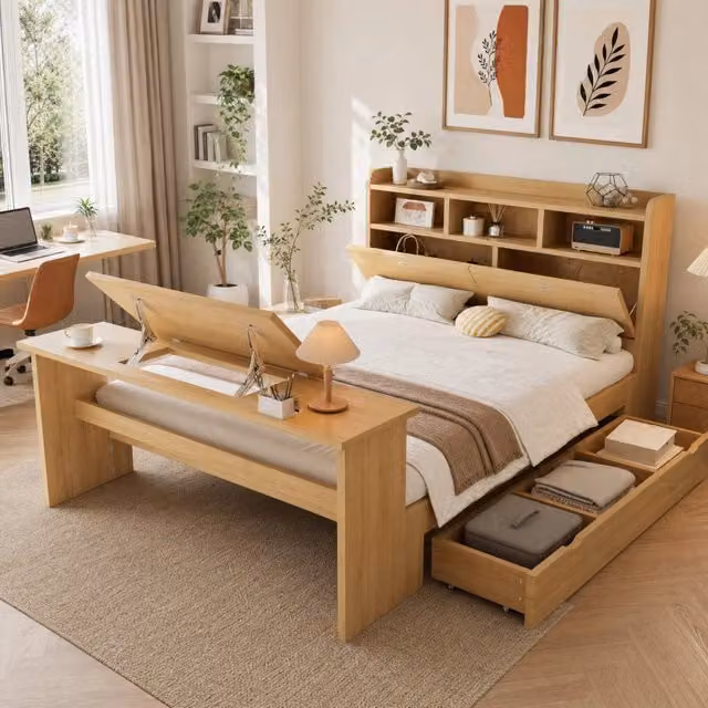 Letto 140x200 cm naturale in legno con vano contenitore e tavolino ribaltabile