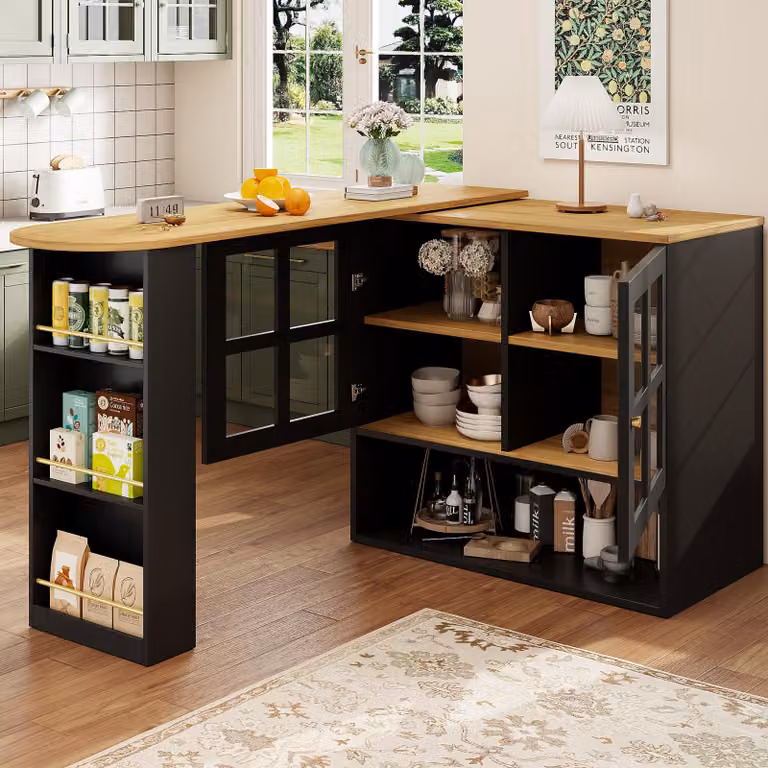 Okwish, mobiletto da cucina multifunzione girevole, mobiletto da cucina rotante con ripiano e elemento in vetro, dotato di ripiano per snack e 5 vani contenitori, colore nero