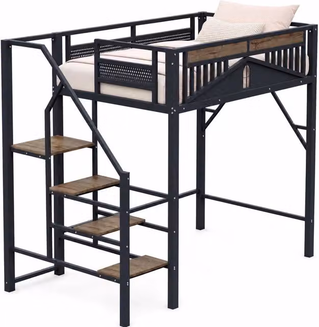 Letto a soppalco 140x200 cm in metallo con scala di sicurezza e spazio sottostante; nero