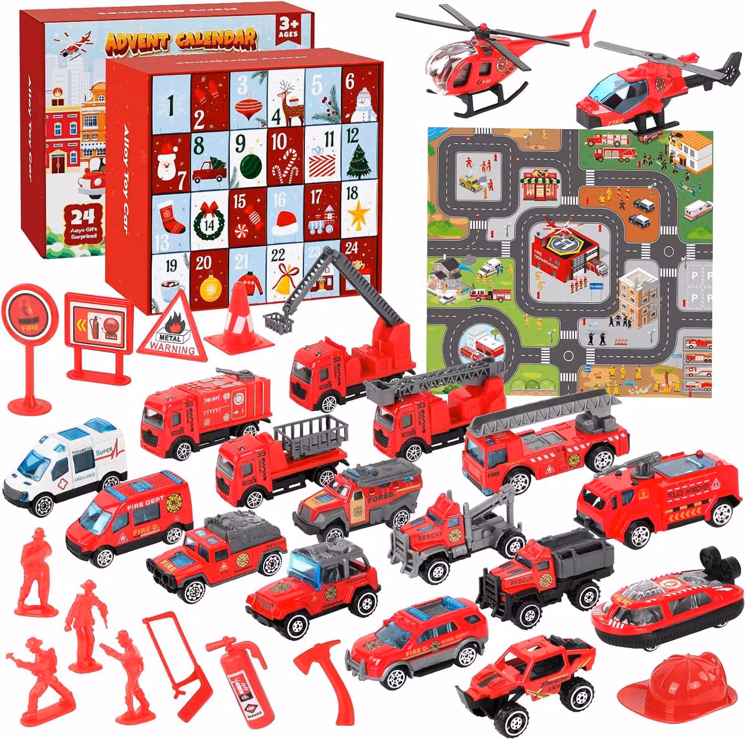 Calendario dell'Avvento 2026 per bambini, a tema camion dei pompieri: calendario natalizio con 24 giorni di giocattoli, contenente 18 veicoli e accessori