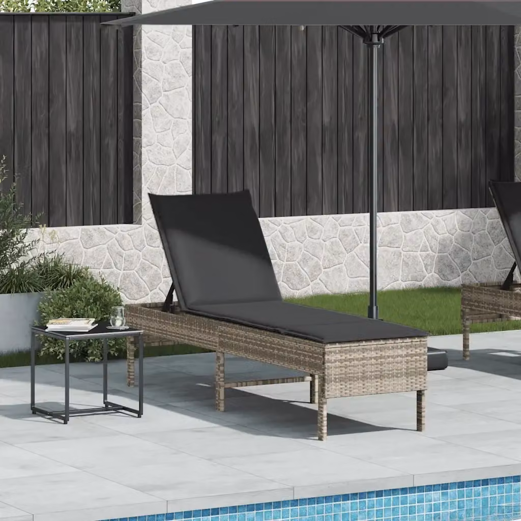 Lettino prendisole da giardino in polyrattan con cuscino grigio e poggiatesta regolabile L/P/H: 200 x 55 x 44 cm – 2