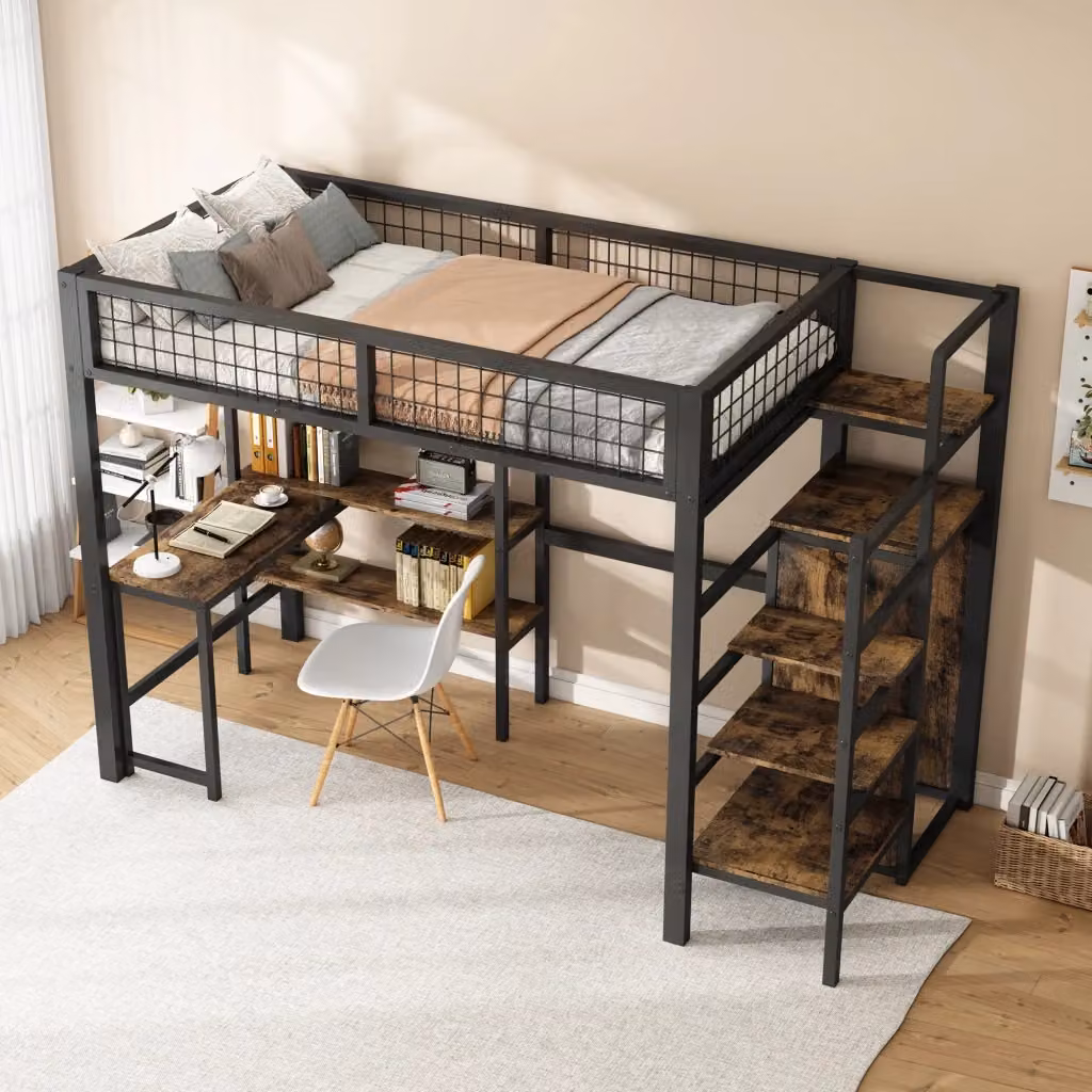 Letto a Soppalco Singolo Moderno con Scrivania, Armadio e Scaffali, Colore Nero e Marrone, L/P/H: 200 x 90 x 255 cm – 2