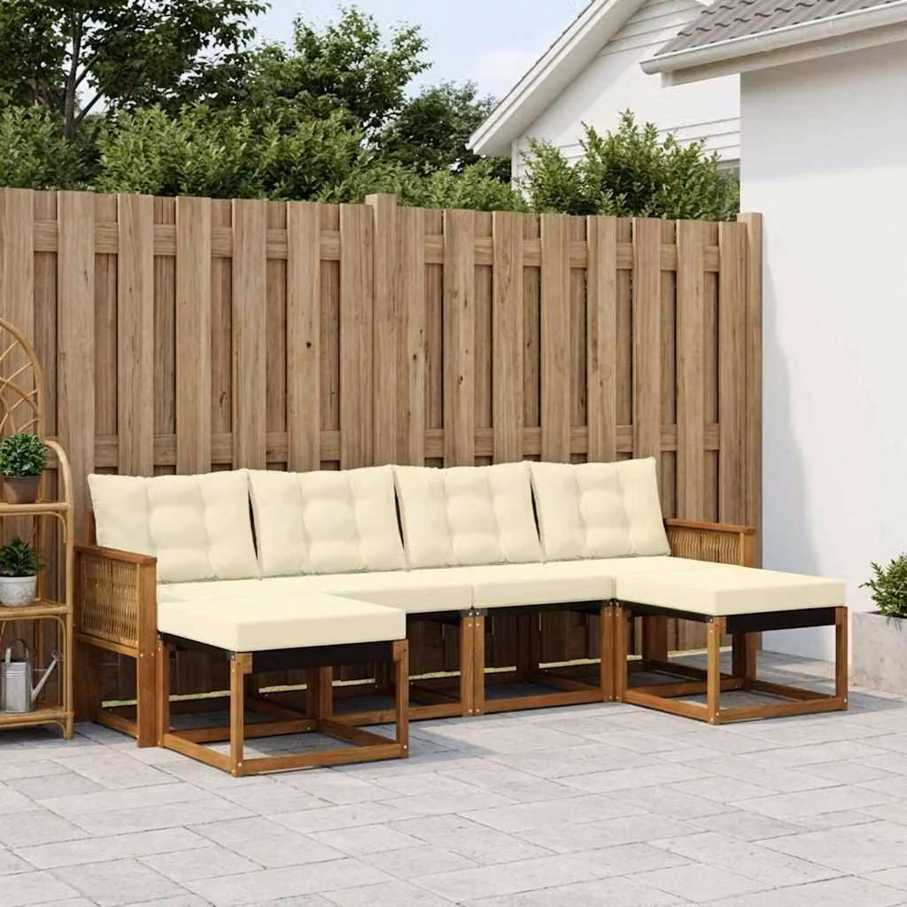 Set di divani da esterno vidaXL a forma di L composto da 6 pezzi in legno di acacia con cuscini, colori beige, bianco e marrone