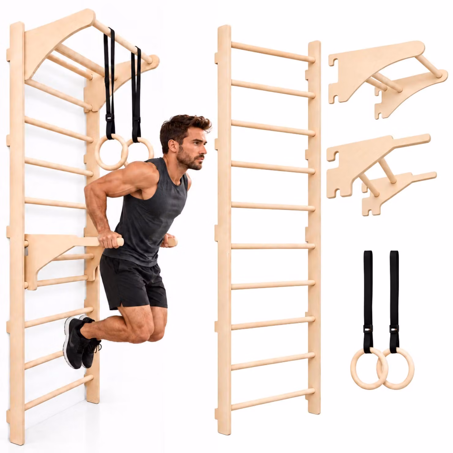 MAMOI® Spalliera con barra per trazioni, parallele e anelli regolabili in legno per allenamento di forza e stretching
