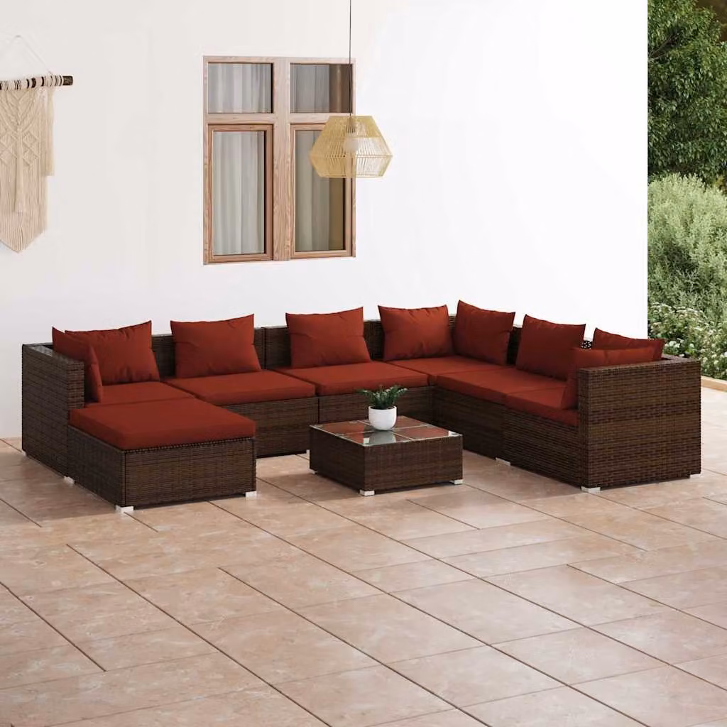 vidaXL Set Divani da Giardino 8 pz in Polyrattan Marrone con Cuscini e Tavolino per Esterno
