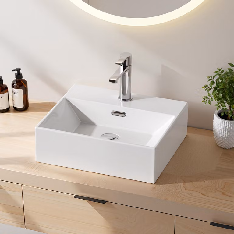 Lavabo EMKE in Vetroceramica, lavabo da appoggio, lavabo sospeso con foro per rubinetteria, bianco lucido, 41x36x13 cm