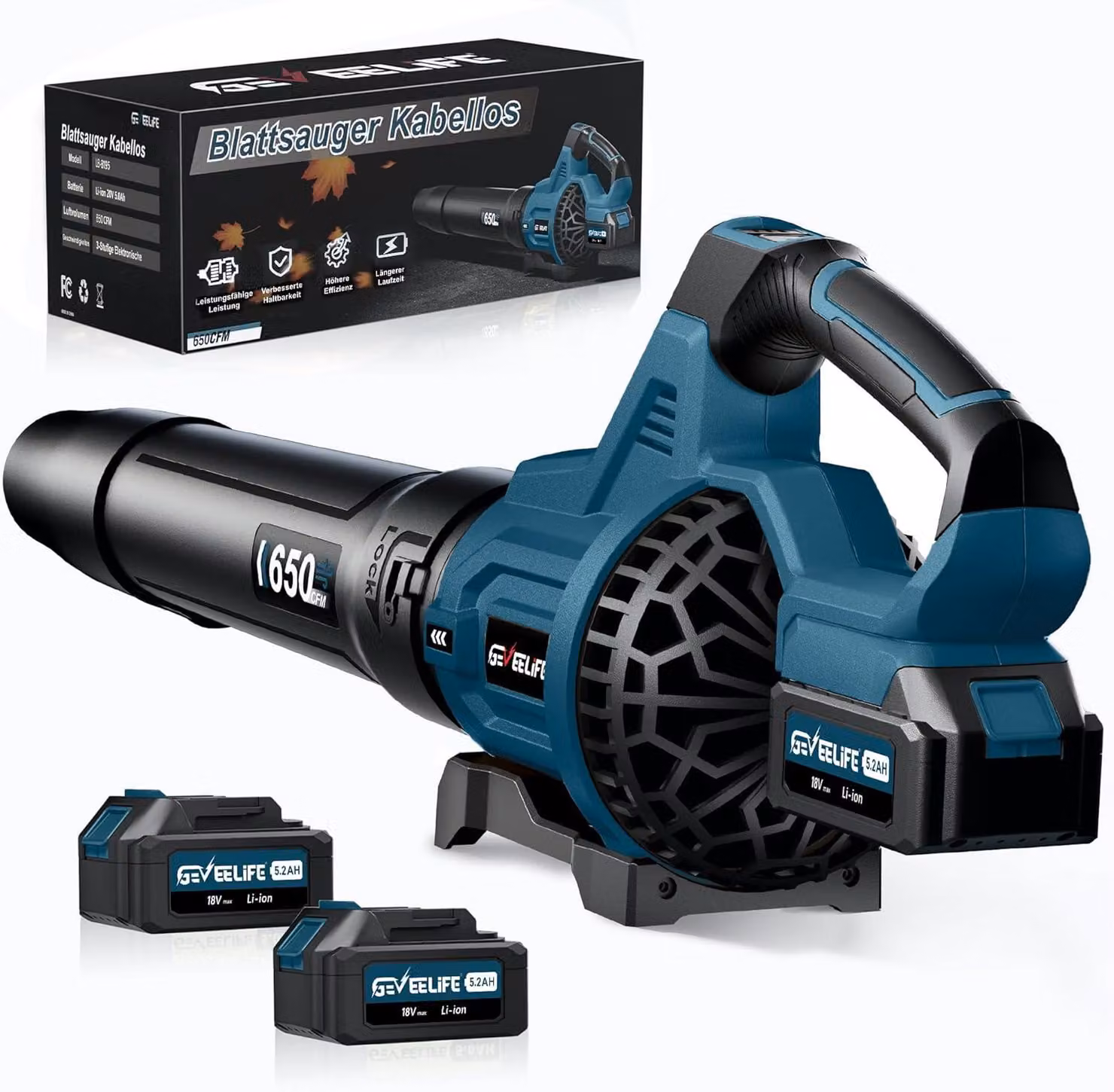 Soffiatore elettrico portatile da 18 V, con velocità fino a 257 km/h, dotato di 3 velocità e 2 batterie da 5,2 Ah. Ideale per la pulizia di giardini, foglie, polvere e neve. Colore: blu