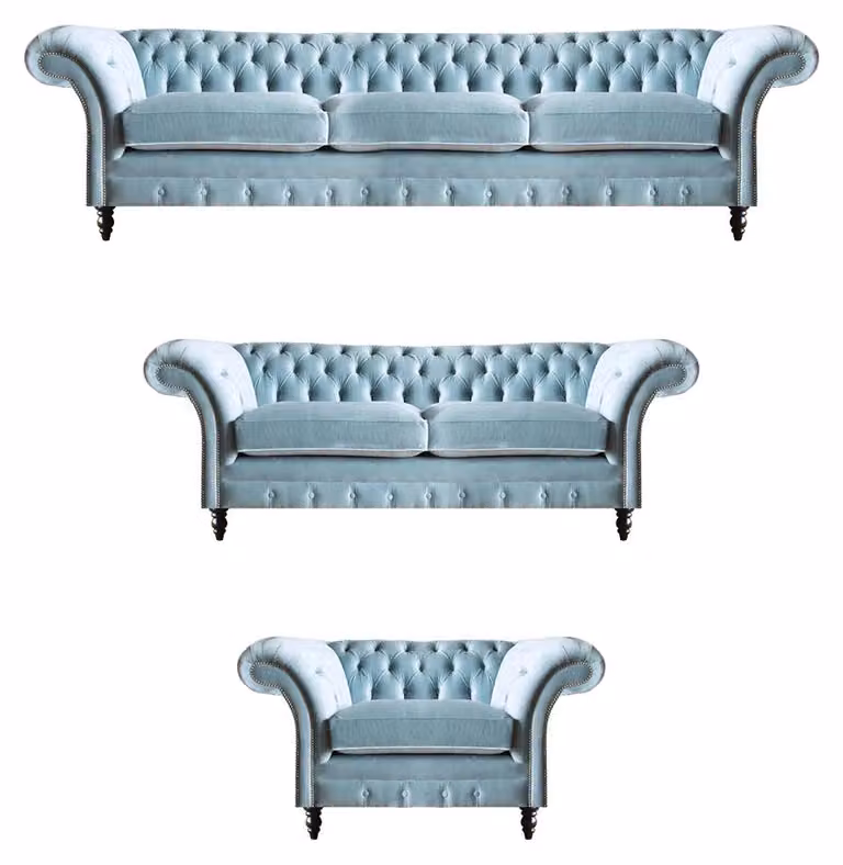 Luxuriöse Blaue Chesterfield Polster Garnitur Dreisitzer Lehnsessel 3tlg