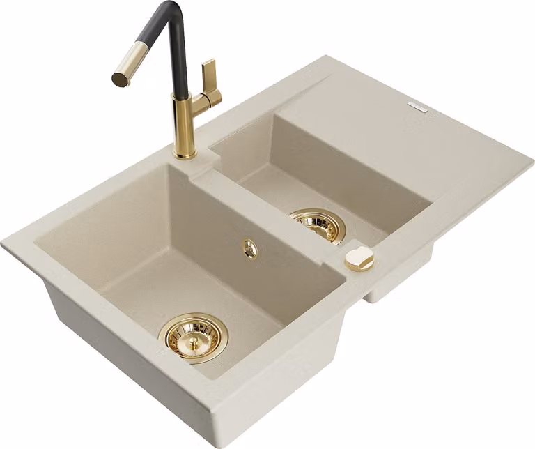 Mexen Gaspar lavello in granito 1,5 vasche con scolapiatti e rubinetto da cucina Flora, beige - 6507-69-670401-57-G