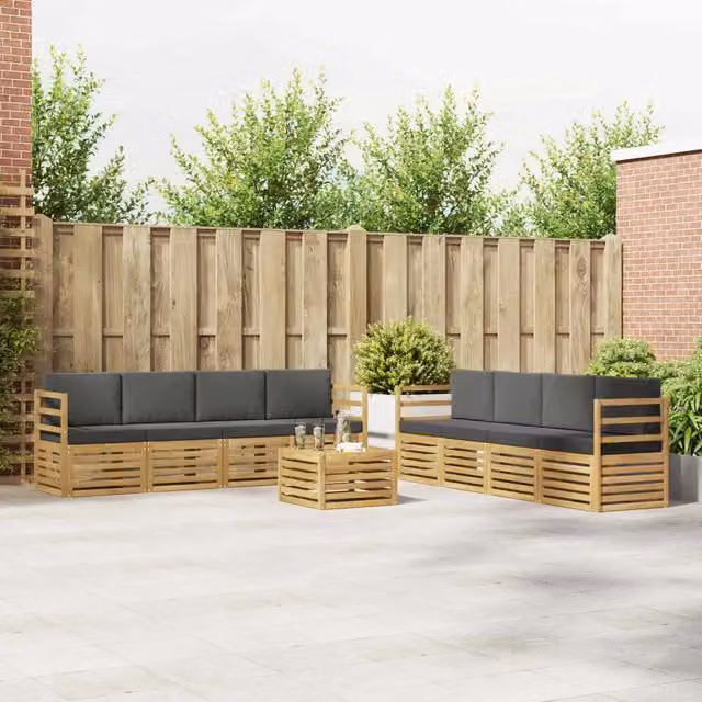 Set di mobili da giardino vidaXL composto da divano a 3 posti, poltrone e tavolino da caffè in legno di acacia con cuscini bianchi e antracite – 1