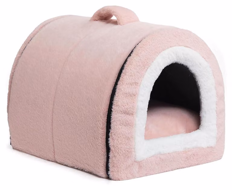Cuccia per gatti, lettino per cani, 2-in-1, pieghevole, in peluche, rosa chiaro, 42x35x35 cm