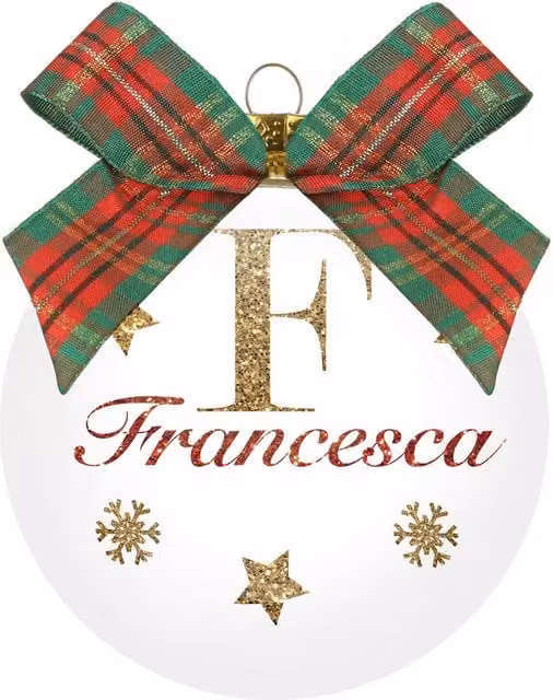 Pallina di Natale KASANOVA in vetro trasparente con nome Francesca e decorazioni bianche, Diametro: 10 cm