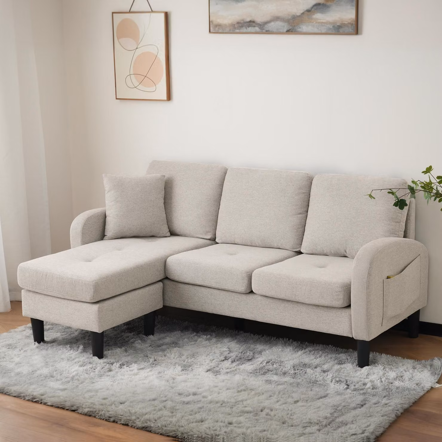 Divano angolare a forma di L ZR Home con chaise longue reversibile, rivestimento in tessuto, cuscini inclusi, L/P/H: 166 x 118 x 77 cm, Grigio, Bianco e Beige – 2