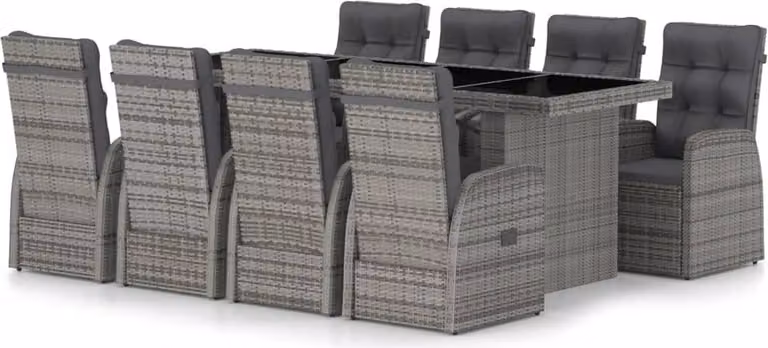Set da Pranzo da Esterno 9 pz con Cuscini in Polyrattan Grigio