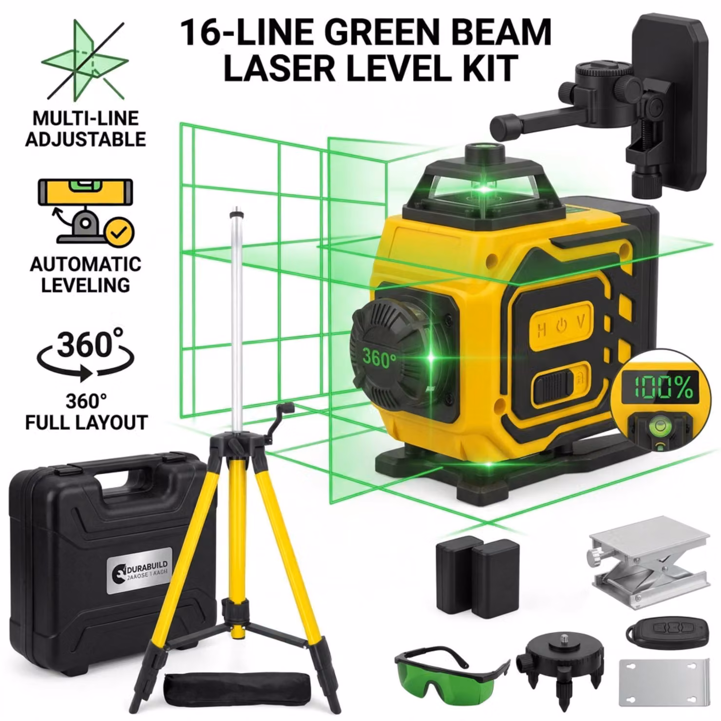 Livella laser 4D 16 linee verde 360° autolivellante con telecomando, 2 batterie ricaricabili, display LED – 30 m
