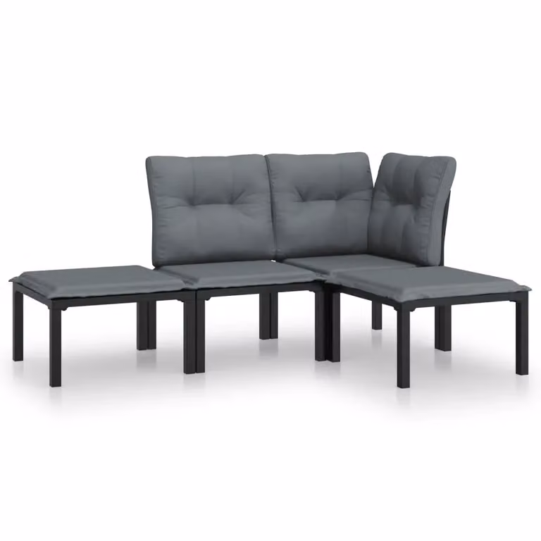Set Salotto da Giardino a L vidaXL in Polyrattan Nero e Grigio con Cuscini e Ottoman