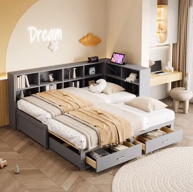 Letto singolo estraibile 90/180 x 190 cm con 2 cassetti; prese multifunzione; grigio