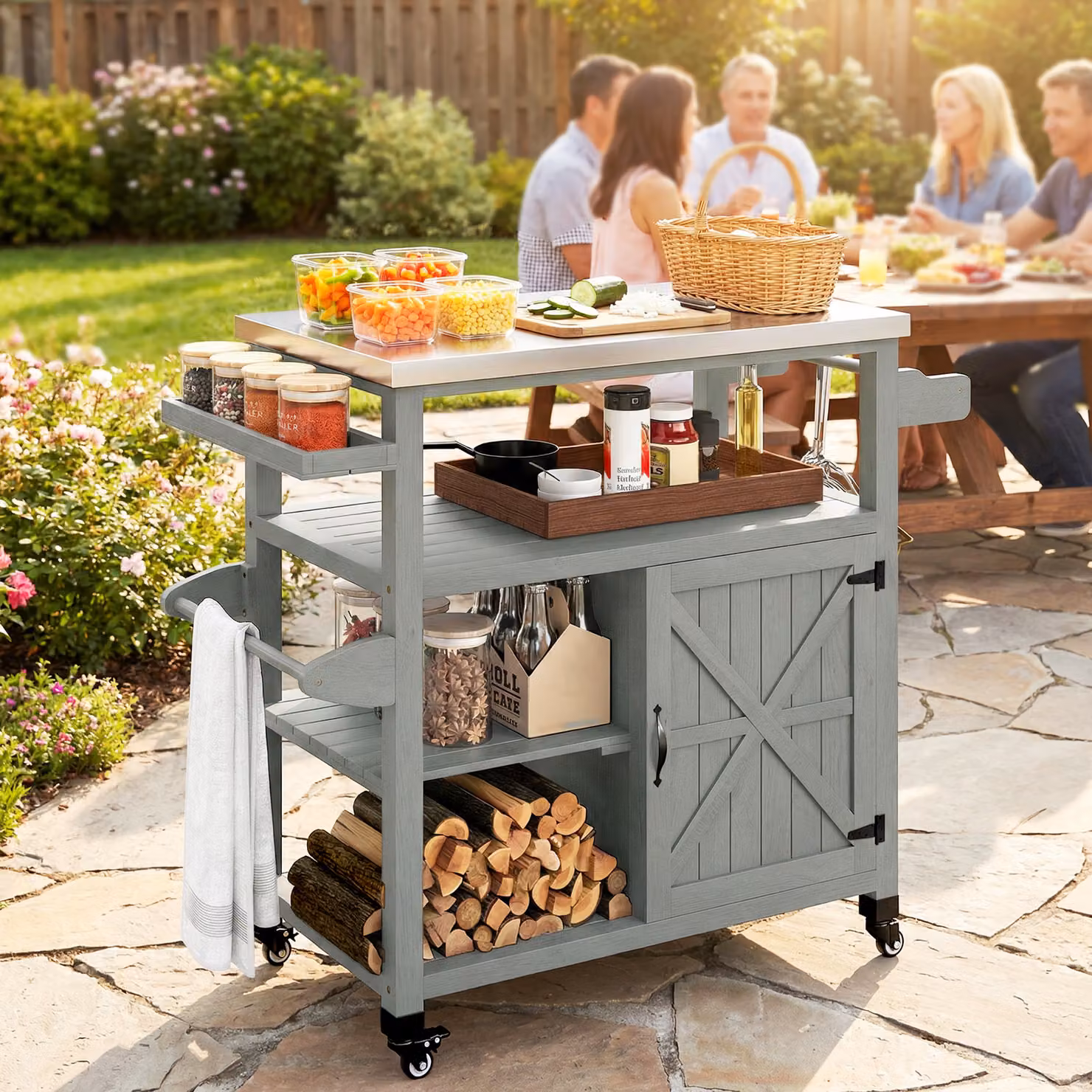 Carrello barbecue da giardino Outsunny con piano in acciaio inossidabile e legno, grigio, L 107 cm x P 49,5 cm x H 92,5 cm – 2