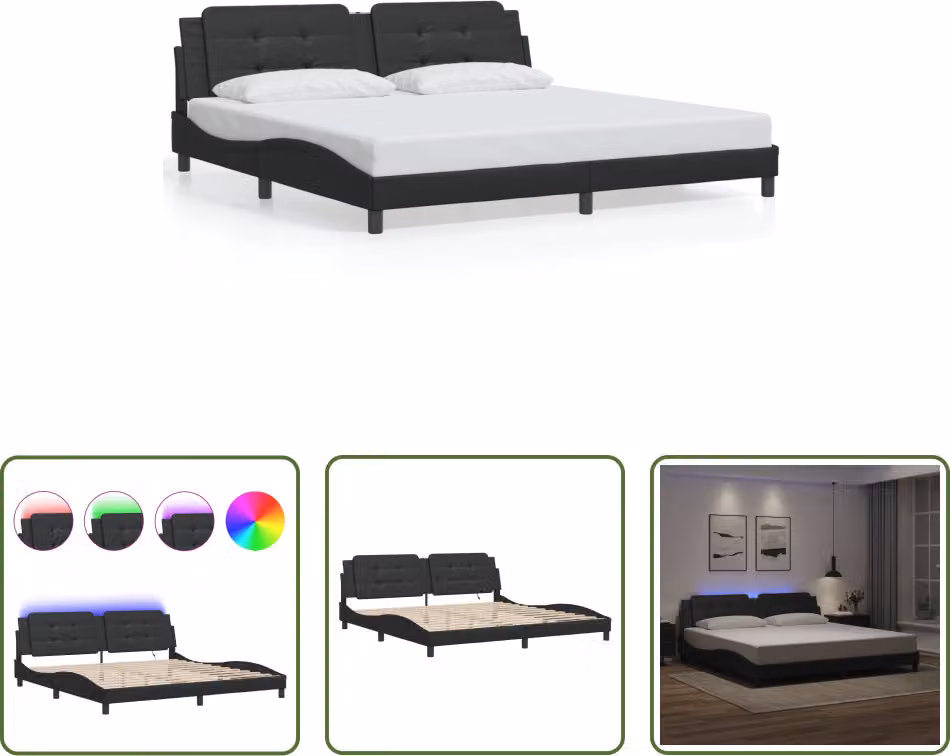 The Living Store Struttura letto con LED nero 200x200 cm in ecopelle